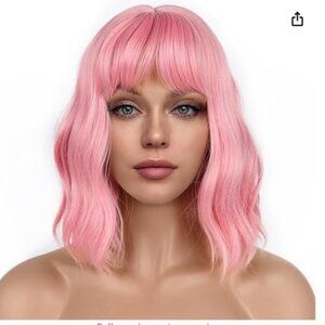 NEW Pastel Bob Wigs W/ Bangs for Women Loose Wavy Shoulder Length Pink Wig